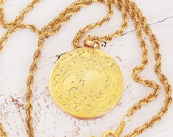 Art Nouveau Style Victorian Gold Filled WGC Circle Locket on Gold Filled Chain
