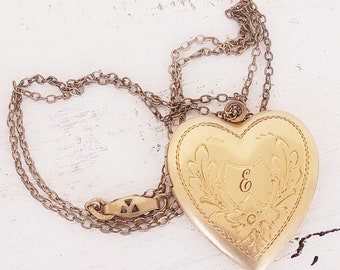 12 K Gold Filled Engraved E Heart Locket on Gold Filled Chain
