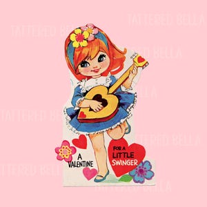 Vintage Valentine&#39;s Day Card: Mod Girl Swing Valentine Ephemera