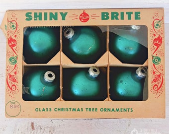 Teal Shiny Brite Ornaments in Original Box, Shabby Christmas Ornaments, Vintage Shiny Brite Ornaments, Mid Century Ornaments