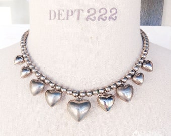Vintage Silver Puffy Heart Beaded Choker Necklace