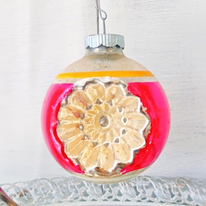 Pink/Red Double Indent Shiny Brite Christmas Ornament, Shabby Stripe Ornaments, Vintage Shiny Brite Mid Century Ornament
