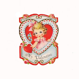 My Valentine, Sweet Girl holding a Heart, 1940&#39;s Valentine&#39;s Day Card, Valentine Ephemera, Vintage Valentine