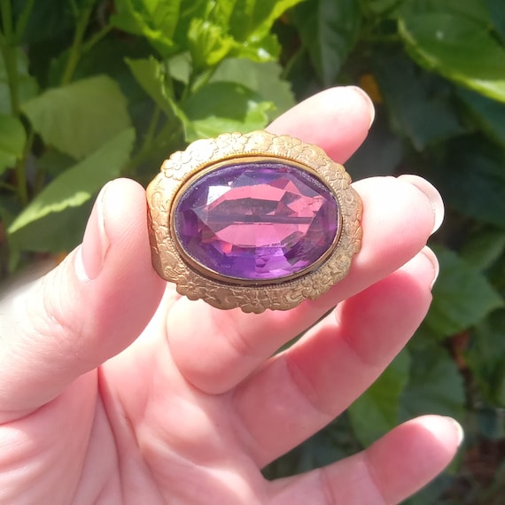 Antique Victorian Faceted Amethyst Glass Brass Bro