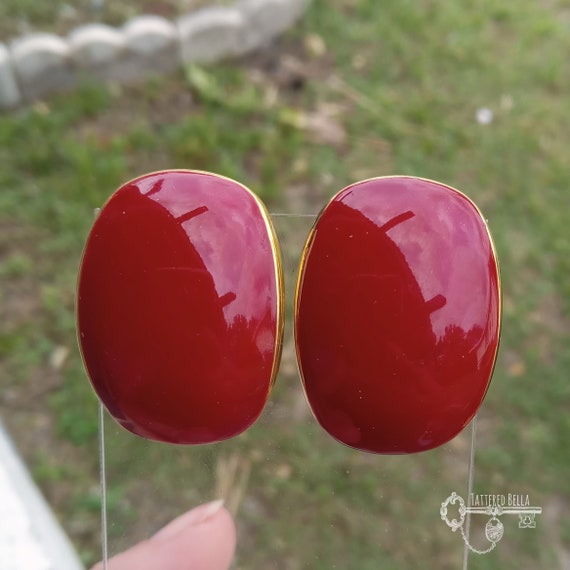 Napier Deep Red Enamel Clip On Earrings - image 1