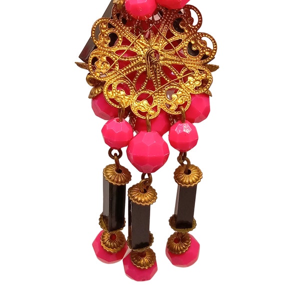 Vintage Hot Pink and Black Beaded Tassel Necklace… - image 6