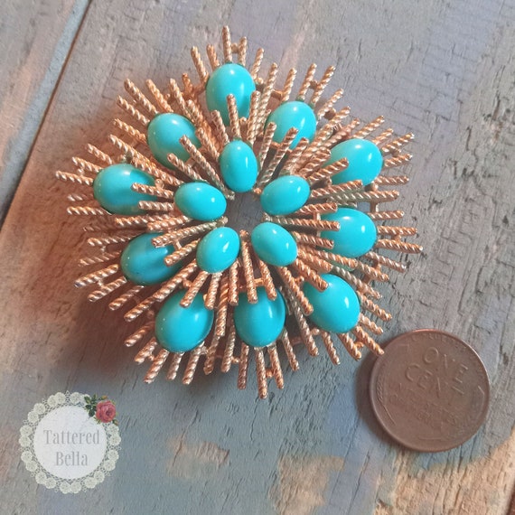 AVON Atomic Starburst Faux Turquoise Brooch/Retro… - image 3