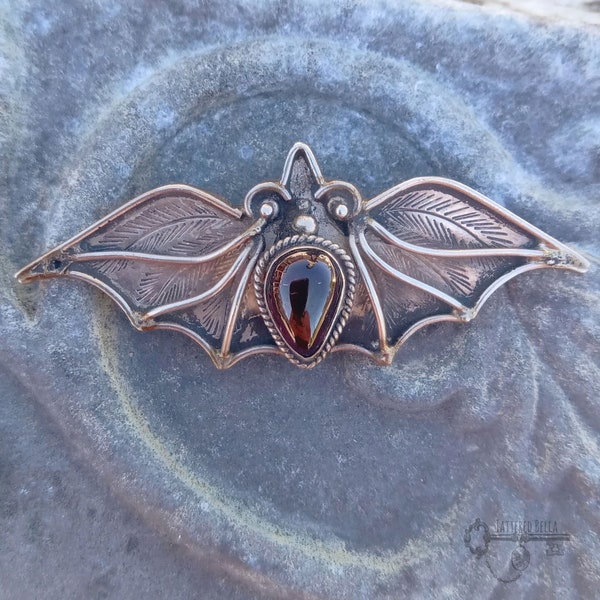 Sterling Garnet Bat Brooch, Vintage Bat Brooch, Gothic Bat Pin No.2