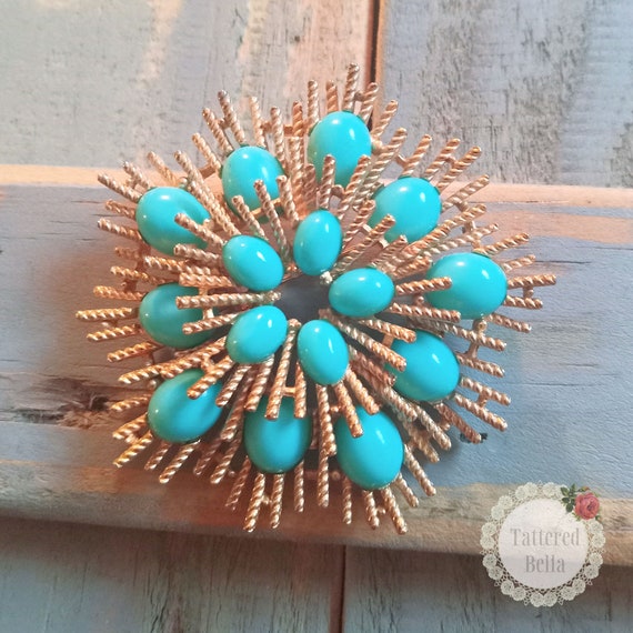 AVON Atomic Starburst Faux Turquoise Brooch/Retro… - image 2