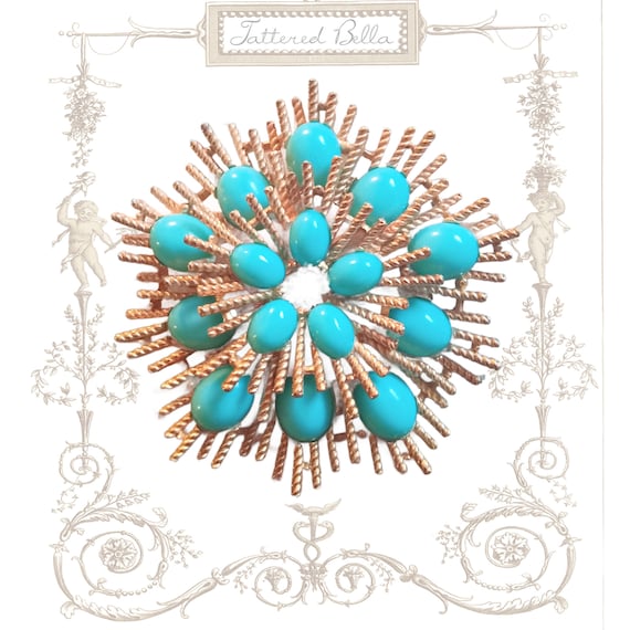 AVON Atomic Starburst Faux Turquoise Brooch/Retro… - image 1