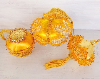 Vintage Satin Velvet Large Push Pin Ornaments Set of 3, Gold and Pearl