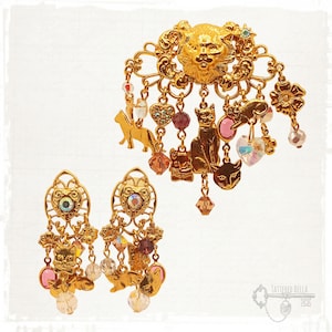 Kirks Folly Cat Lovers Dangling Charm Brooch/Pendant and Earrings