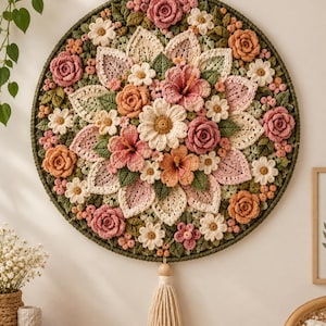 Peut inclure: Une décoration murale circulaire composée d'un arrangement dense de fleurs et de feuilles au crochet dans des tons rose, pêche, crème et vert. Le motif inclut des roses, des hibiscus et des marguerites en mandala avec un long pompon beige.