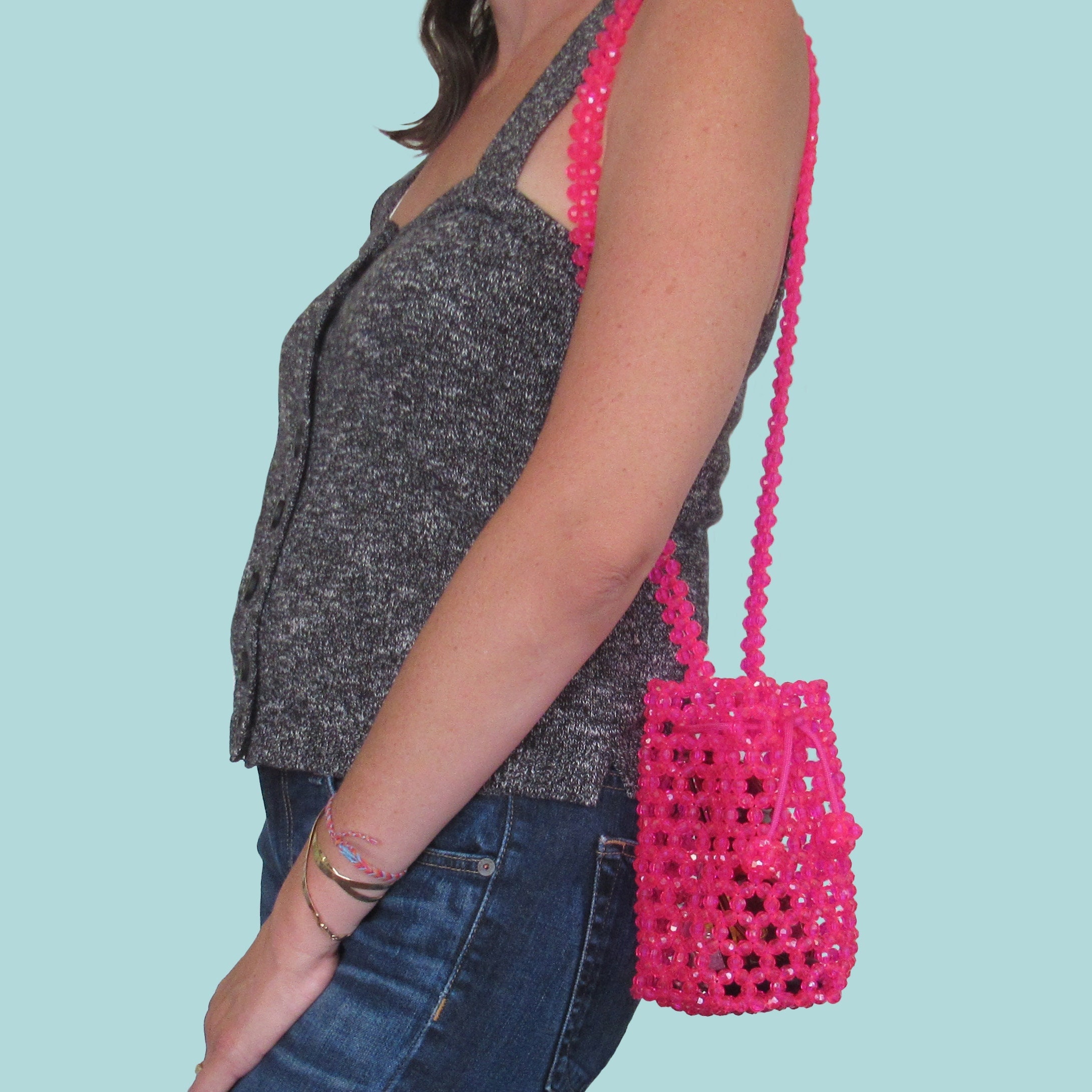 Hot Hot Pink Mini Beaded Bucket Bag Etsy Ireland