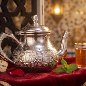 Puede incluir: Una tetera plateada con intrincados diseños, un vaso de té y hojas de menta sobre un paño de terciopelo rojo. Una etiqueta dice "Handcrafted Silver". La escena evoca calidez y tradición, ideal para los amantes del té.