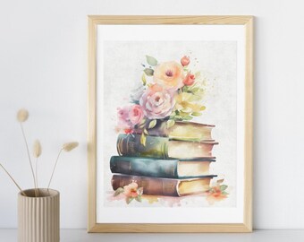 Floral Book Stack Wall Art Printable • Cozy Reading Decor • Vintage Books Illustration