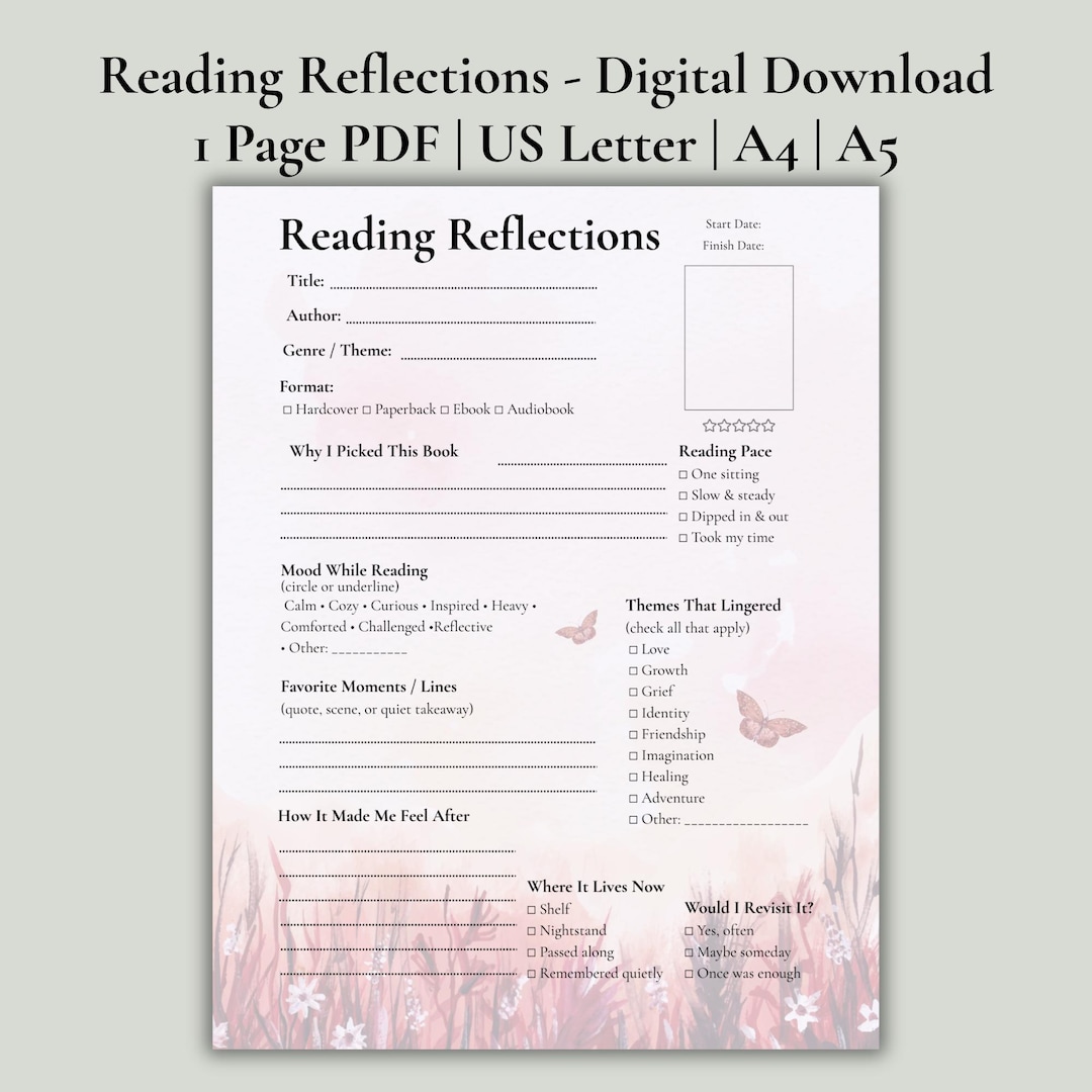 Reader Reflections Reading Reflections Printable • Book Review Journal Page - Etsy