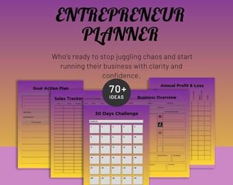 Op de afbeelding: Een ondernemersplanner met een paars en gele gradiënt achtergrond. De planner bevat secties voor een actieplan, een verkooptracker en een bedrijfsoverzicht. De tekst luidt "The Go-Getter Entrepreneur Planner" en "70+ Ideas".