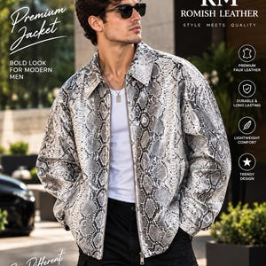 Op de afbeelding: Een jas met lange mouwen met een grijs en zwart slangenleerpatroon, een klassieke kraag en een ritssluiting aan de voorzijde. De tekst op de afbeelding bevat Premium Jacket, Bold Look For Modern Men, Romish Leather, Style Meets Quality en Be Different.