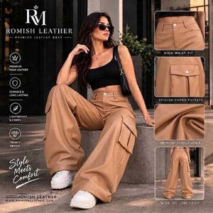 Puede incluir: Pantalones cargo de piel sintética color canela con cintura alta, corte ancho y bolsillos cargo laterales. Los pantalones incluyen cierre de botón y cremallera, trabillas para cinturón y un acabado liso. Logo Romish Leather visible.