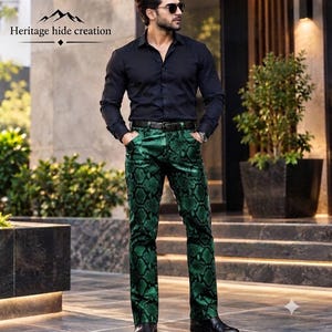 Men's Green Snakeskin Print Trousers, Luxury Faux Leather Pants, Custom Fit