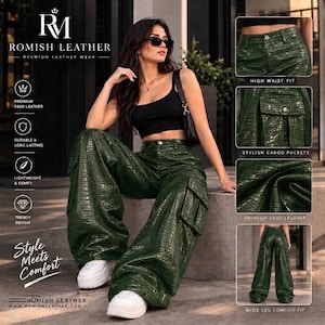 May include: Dark green faux leather cargo trousers with a crocodile skin texture, featuring a high waist, wide leg fit, and side cargo pockets. The trousers are paired with a black crop top and white platform trainers, showcasing a glossy finish.