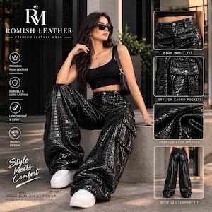 May include: Black faux leather cargo pants with a high-waist fit and a textured crocodile-skin pattern. These wide-leg trousers feature side cargo pockets, a button and zipper closure, and a glossy finish, paired with a black tank top.