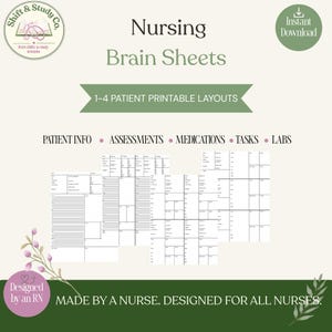 May include: Nursing Brain Sheets printable layouts featuring sections for patient info, assessments, medications, tasks, and labs. The document includes multiple grid-based templates for clinical documentation, with text headers and a clean, organized layout.