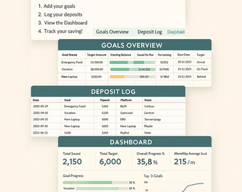 Plantilla de Excel para seguimiento inteligente de objetivos y ahorros; panel de planificación presupuestaria para objetivos financieros, progreso y seguimiento mensual.