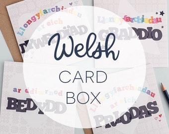 Box of 10 or 15 Welsh cards / Bocs o 10 neu 15 cerdyn Cymraeg - card bundle, multibuy, pecyn cardiau, penblwydd