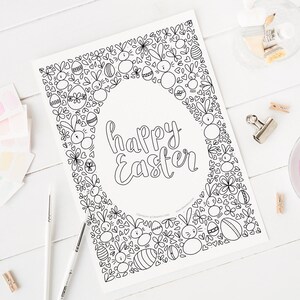 Easter colouring sheet downloadable and ready to print, colour in page, Easter bunnies and eggs image 3