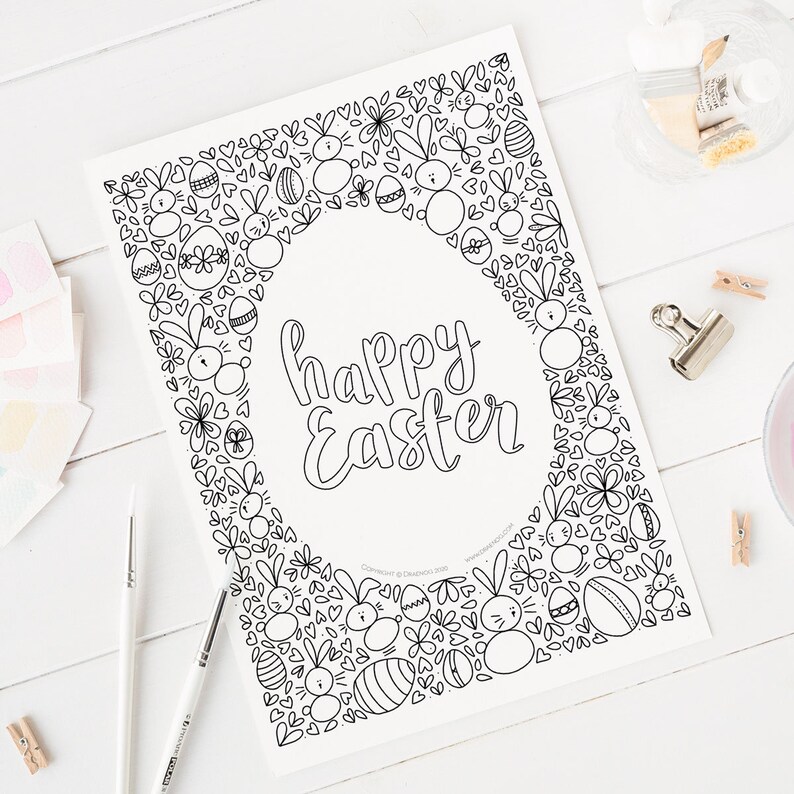 Easter colouring sheet downloadable and ready to print, colour in page, Easter bunnies and eggs image 3