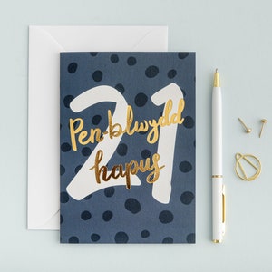 Carte de 21 ans gallois « Pen-blwydd Hapus 21 » - Cerdyn Penblwydd Cymraeg vingt et un, feuille d'or - Draenog