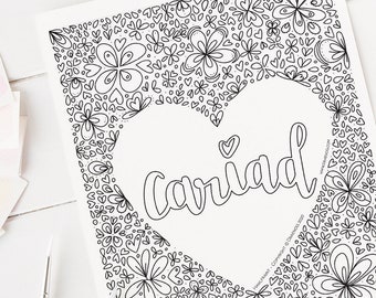 Welsh colouring sheet / Taflen lliwio Cymraeg - Cariad, Love, downloadable, lawrlwytho