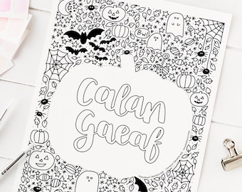 Welsh Halloween colouring sheet Calan Gaeaf / Taflen lliwio Cymraeg - downloadable, lawrlwytho, color in