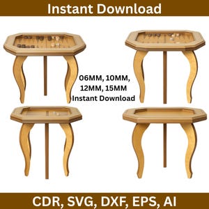 Puede incluir: Se muestran cuatro mesas de backgammon de madera con patas curvas y superficies de juego octogonales. Las mesas son de color marrón claro con detalles en marrón oscuro. Se incluye el texto "Instant Download" y opciones de formato de archivo.