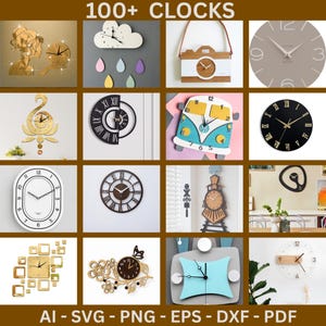 Puede incluir: Una colección de varios relojes, incluyendo relojes de pared y relojes decorativos. Los relojes presentan diseños diversos, como una nube, una cámara, una flor y un autobús. La imagen también incluye el texto "100+ CLOCKS" y formatos de archivo.
