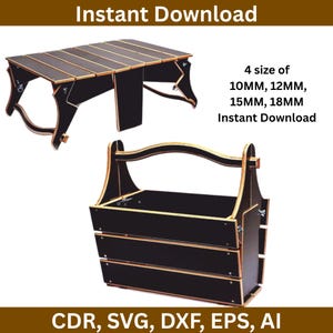May include: Two wooden items are shown: a small table and a rectangular box with a handle. The table has a black surface and legs with a curved design. The box has a handle and three horizontal sections. Text on the image says "Instant Download" and lists sizes.