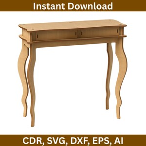 May include: A light brown wooden console table with two drawers and curved legs. The table has a rectangular top with rounded corners. The text "Instant Download" is at the top, and "CDR, SVG, DXF, EPS, AI" is at the bottom.