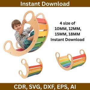 Puede incluir: Un balancín de arcoíris de madera con un niño jugando en él. El balancín tiene un marco de madera natural con listones coloridos. La imagen incluye el texto "Instant Download" y "4 size of 10MM, 12MM, 15MM, 18MM".