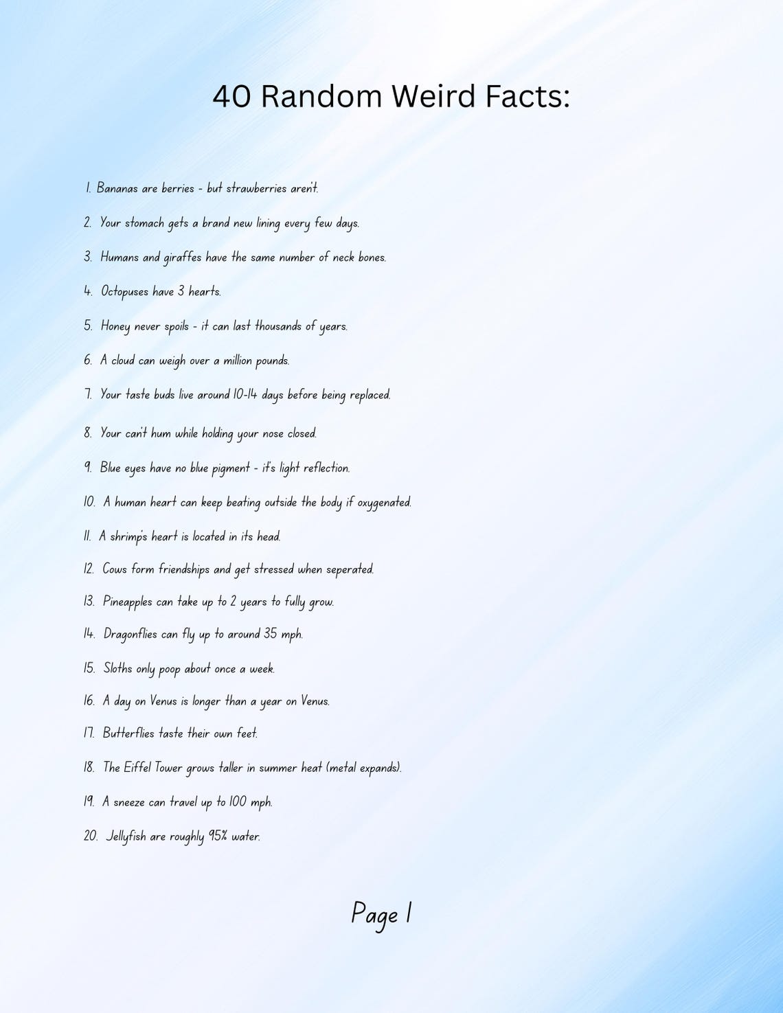 40 Weird Random Facts / 2-page Printable Fun Facts Educational PDF ...