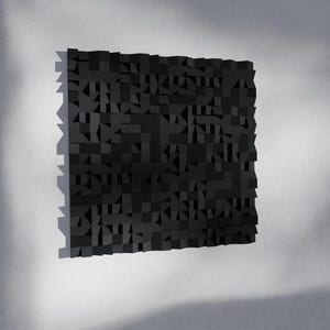 May include: A black, geometric wall art piece with a textured, three-dimensional design. The artwork is composed of various shapes and sizes, creating a dynamic and modern aesthetic. The piece is mounted on a white wall, with shadows adding depth.