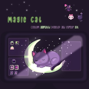 Può includere: Illustrazione digitale di un gatto viola che dorme su una luna crescente, parte di un set personalizzato di desktop e cursore animato. Le parole "Magic Cat" sono scritte in un carattere verde brillante sopra l'immagine. Sono presenti anche icone e stelle aggiuntive.