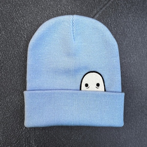 Ghost Knit Cuff Hat, Original Embroidered Ghost Art, Cozy Halloween Beanie Blu