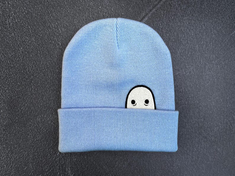 Ghost Knit Cuff Hat, Original Embroidered Ghost Art, Cozy Halloween Beanie Blu