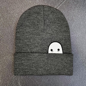 Ghost Knit Cuff Hat, Original Embroidered Ghost Art, Cozy Halloween Beanie Dark Gray