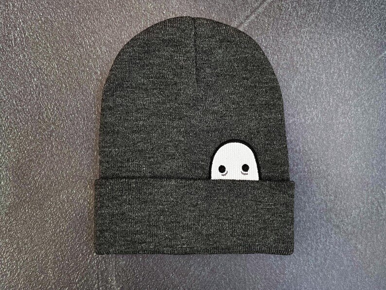 Ghost Knit Cuff Hat, Original Embroidered Ghost Art, Cozy Halloween Beanie Dark Gray