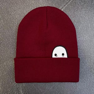 Ghost Knit Cuff Hat, Original Embroidered Ghost Art, Cozy Halloween Beanie Burgundy