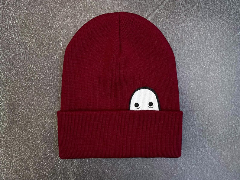Ghost Knit Cuff Hat, Original Embroidered Ghost Art, Cozy Halloween Beanie Burgundy