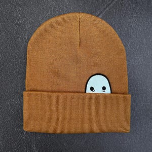 Ghost Knit Cuff Hat, Original Embroidered Ghost Art, Cozy Halloween Beanie Rame